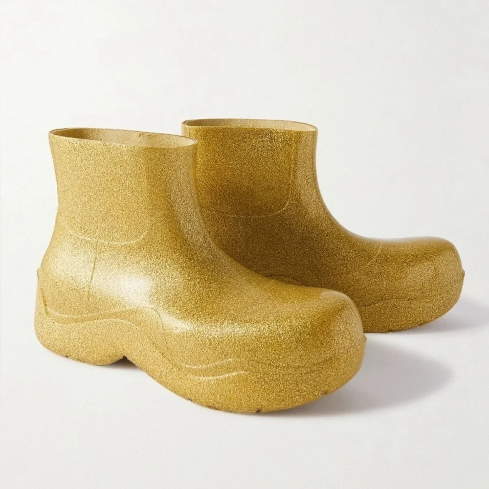 BOTTEGA VENETA Puddle Glitter Monobloc Chelsea Rubber Boots Gold Sz 39 EU/9 US